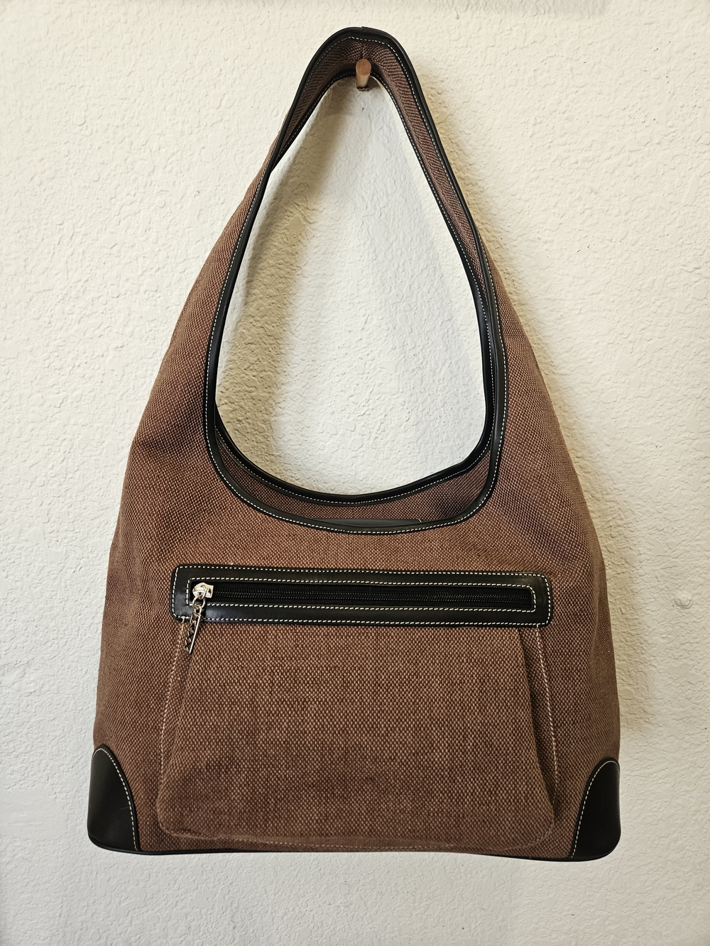 Vintage Maxx New York Brown Hobo Shoulder Bag Y2K Contrast Trim Top Zip